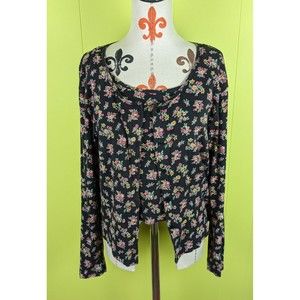 VTG Victoria's Secret Sz M 2Pcs Set Pajama Btn Up Top & Tank Black Floral Cotton